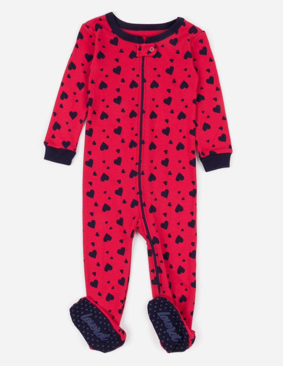 Kids Footed Cotton Pajamas Navy Hearts for Valentine's Day