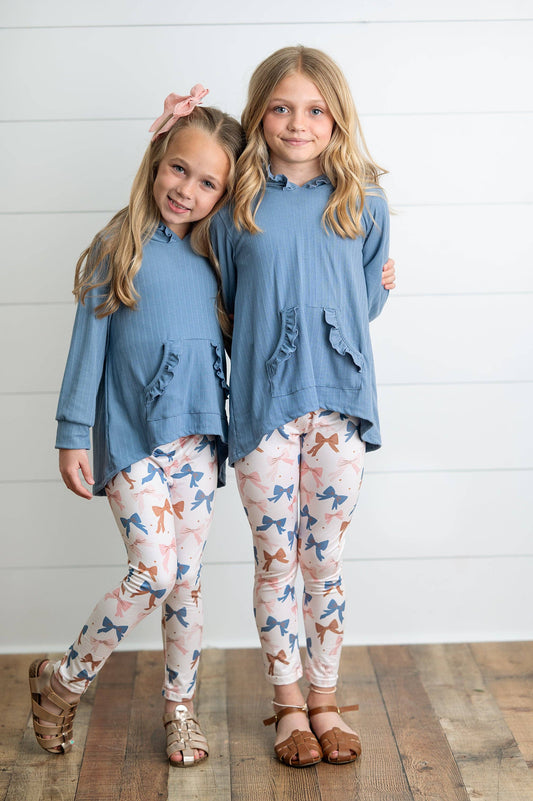 Girls Blue Ruffle Hi-Lo Hoodie & Coquette Bow Legging Set