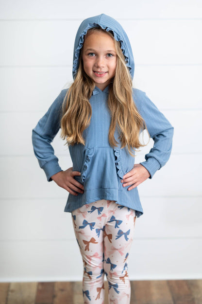 Girls Blue Ruffle Hi-Lo Hoodie & Coquette Bow Legging Set