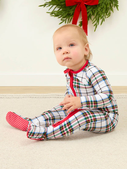 SoftSnooze™ Baby Cotton Modal White Nicholas Christmas Plaid Footed One Piece Pajama