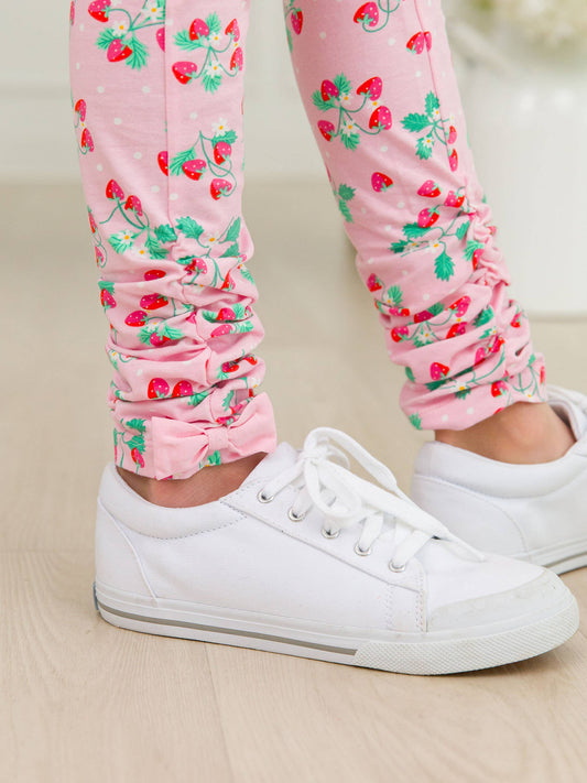 Girls Sweet As Strawberries Ruched Bow Leggings