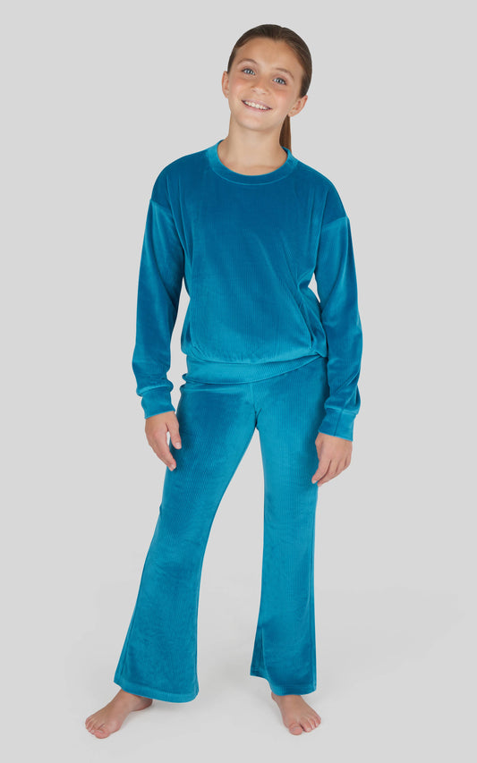 Rib Velour Crew Neck, Flared Pant, & Scrunchie  set