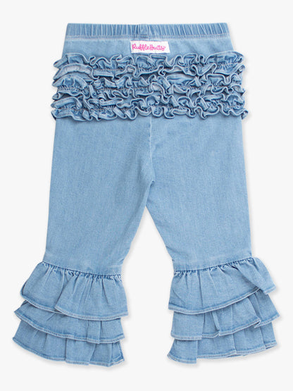 Toddler Girls Light Wash Stretch Denim Ruffle Flare Pants with Signature Rear Ruffles