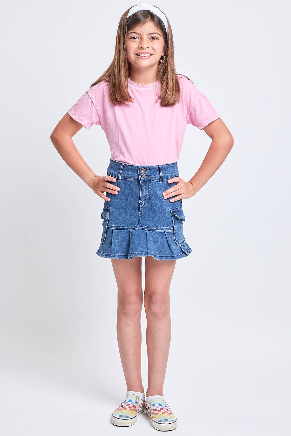 Girls Cargo Pleated Denim Mini Skirt