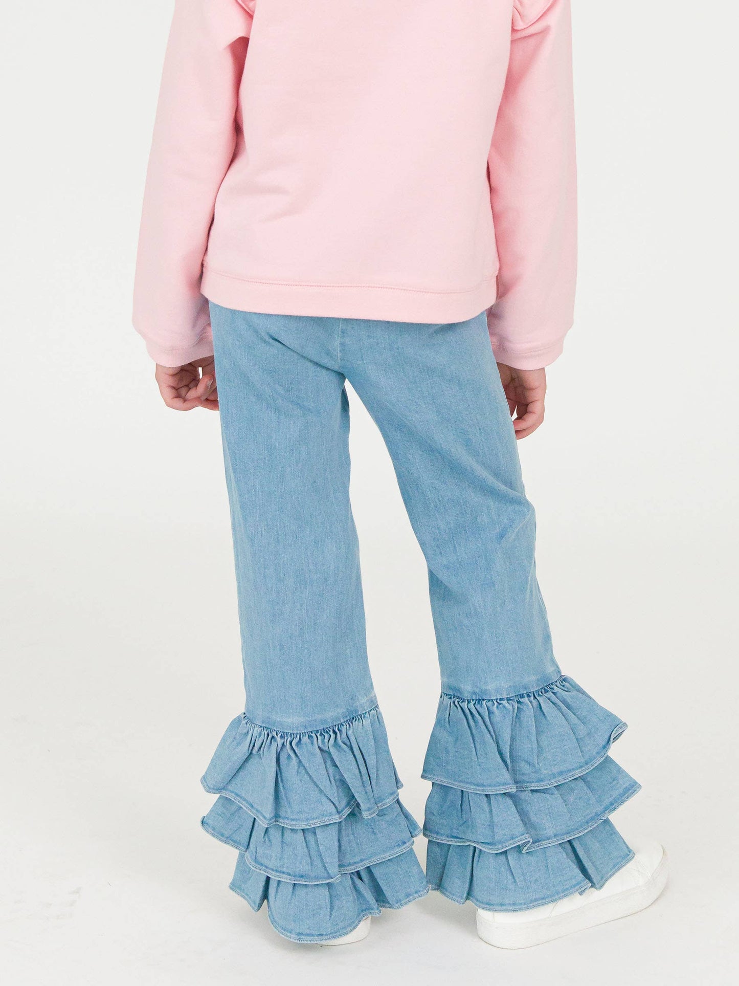 Girls Light Wash Stretch Denim Ruffle Flare Pants