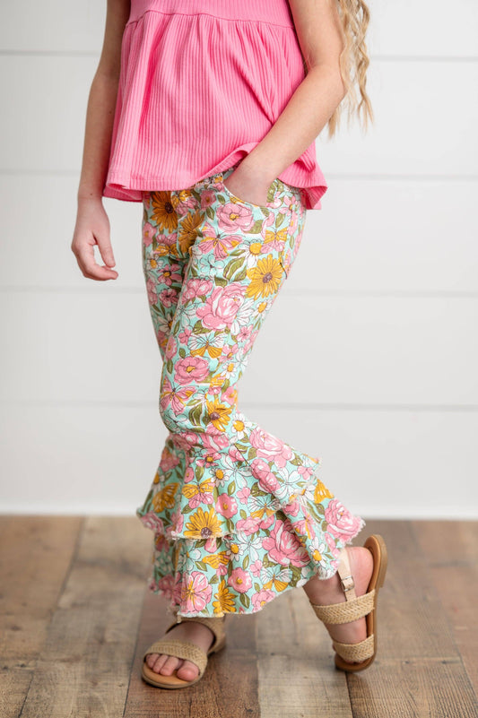 Kids Flower Double Ruffle Denim Jeans
