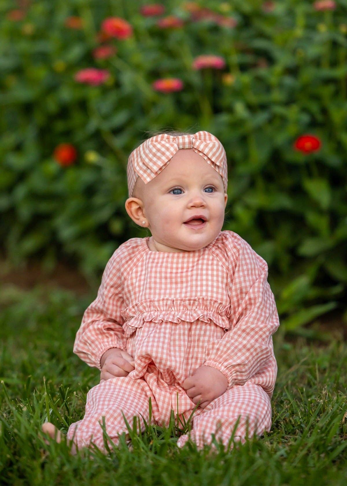 Rosie Posie Long Sleeve Gingham Check Ruffle Trim Romper