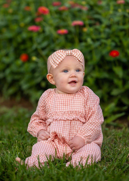 Rosie Posie Long Sleeve Gingham Check Ruffle Trim Romper