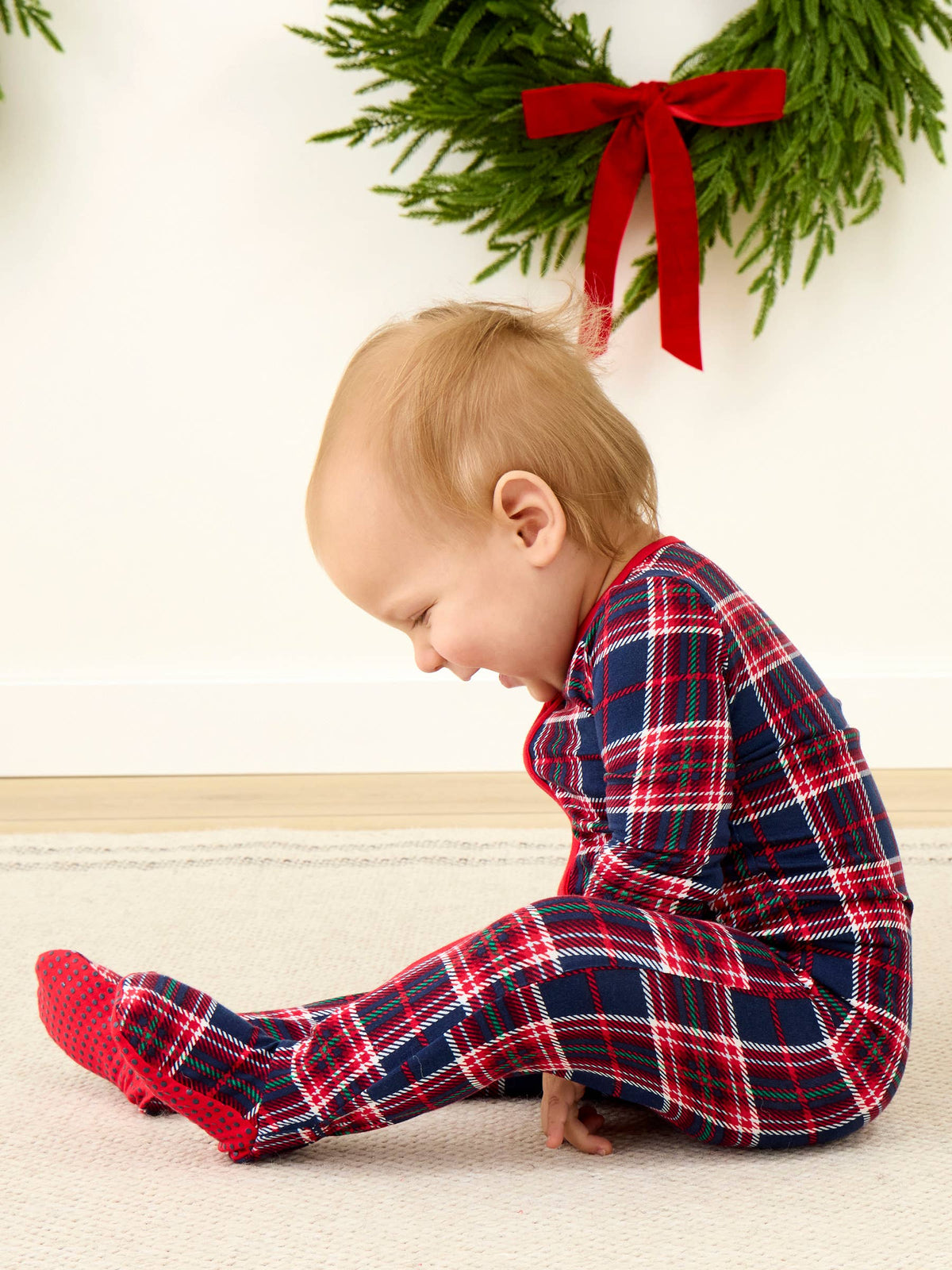 SoftSnooze™ Baby Bamboo Viscose Navy Nicholas Plaid Footed One Piece Pajama