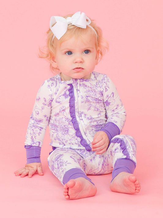 SoftSnooze™ Baby Girls Bamboo Viscose Wisteria Purple Butterfly Garden Toile Convertible Ruffle One Piece Footie Pajama