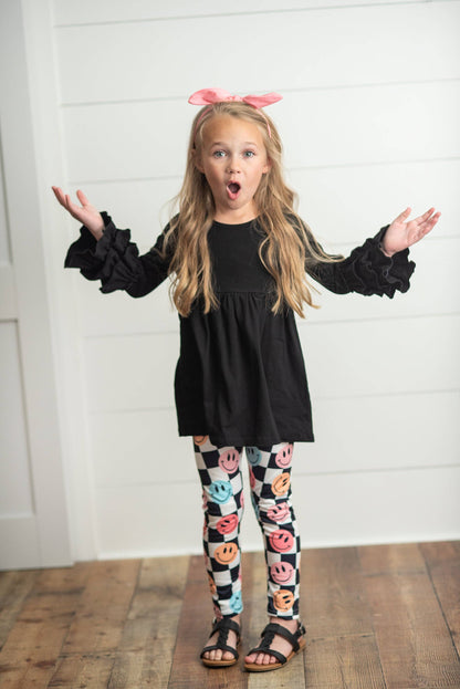 Black & White Check Smiley Face Ruffle Top Leggings Set
