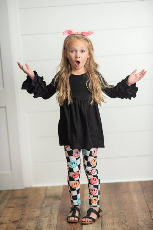 Black & White Check Smiley Face Ruffle Top Leggings Set