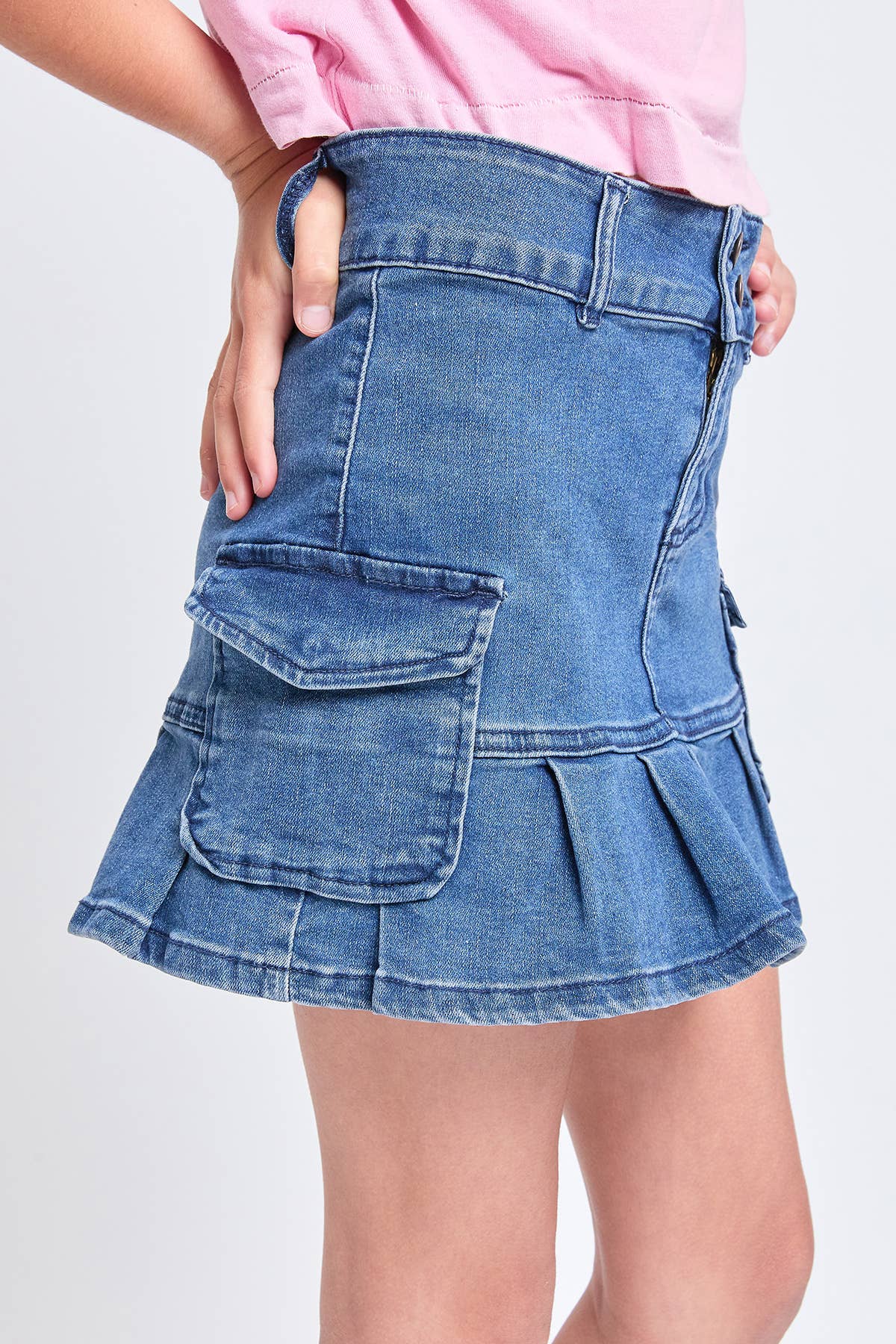 Girls Cargo Pleated Denim Mini Skirt