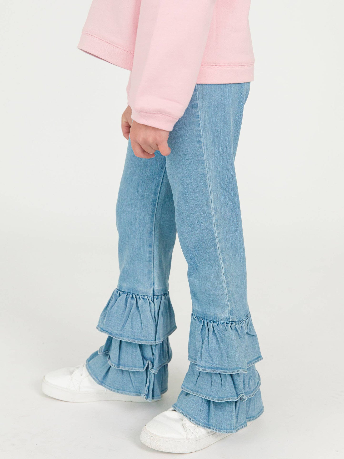 Girls Light Wash Stretch Denim Ruffle Flare Pants