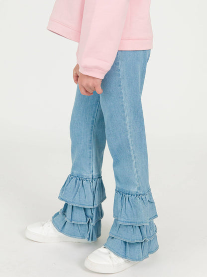 Girls Light Wash Stretch Denim Ruffle Flare Pants