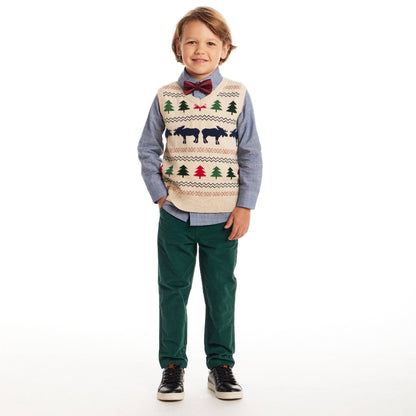 Kids Sweater Vest W/Buttondown & Twill Pant Set | Beige Fair Isle