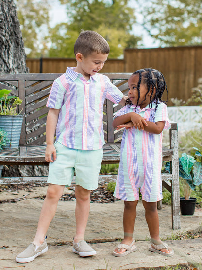 Baby Boys Multi-color Seersucker Short Sleeve Woven Button-Up Romper
