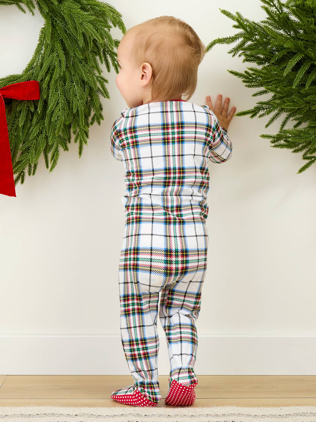 SoftSnooze™ Baby Cotton Modal White Nicholas Christmas Plaid Footed One Piece Pajama
