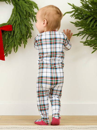 SoftSnooze™ Baby Cotton Modal White Nicholas Christmas Plaid Footed One Piece Pajama