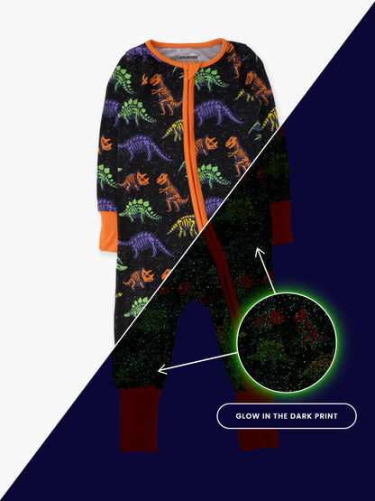 SoftSnooze™ Baby Bamboo Viscose Prehistoric Dinosaur Pals Glow-In-The-Dark Convertible One Piece Footie Pajama