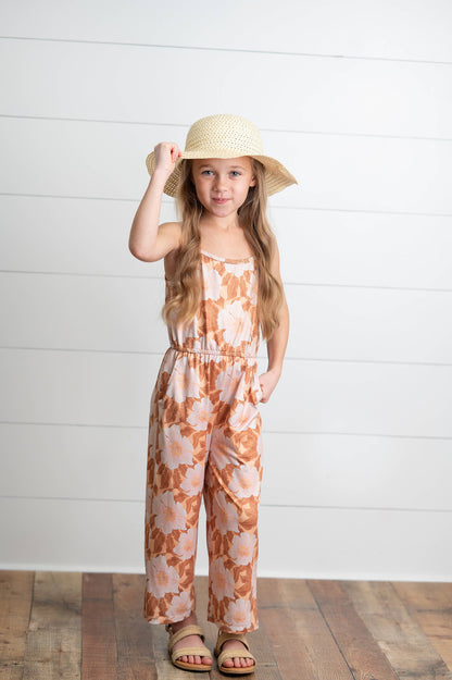 Kids Golden Peach Floral Jumpsuit With Pockets