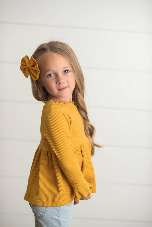 Kids Mustard Long Sleeve Lettuce Trim Ribbed Fall Shirt