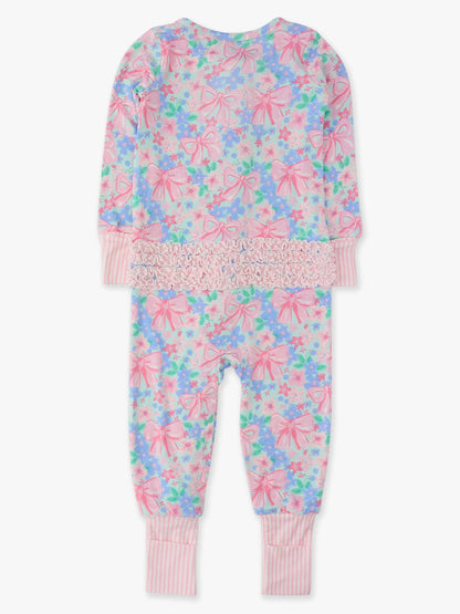 SoftSnooze™ Baby Girls Bamboo Viscose Bow Blooms Convertible Ruffle One Piece Footie Pajama