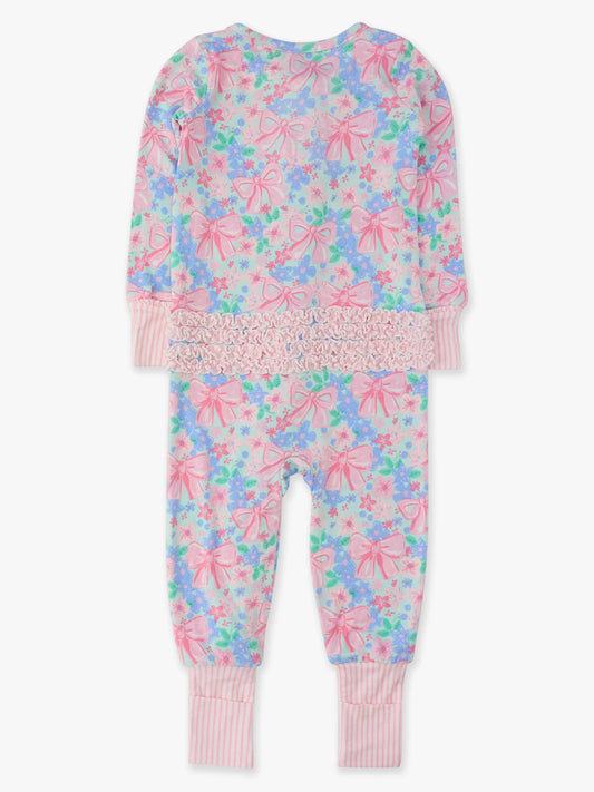 SoftSnooze™ Baby Girls Bamboo Viscose Bow Blooms Convertible Ruffle One Piece Footie Pajama