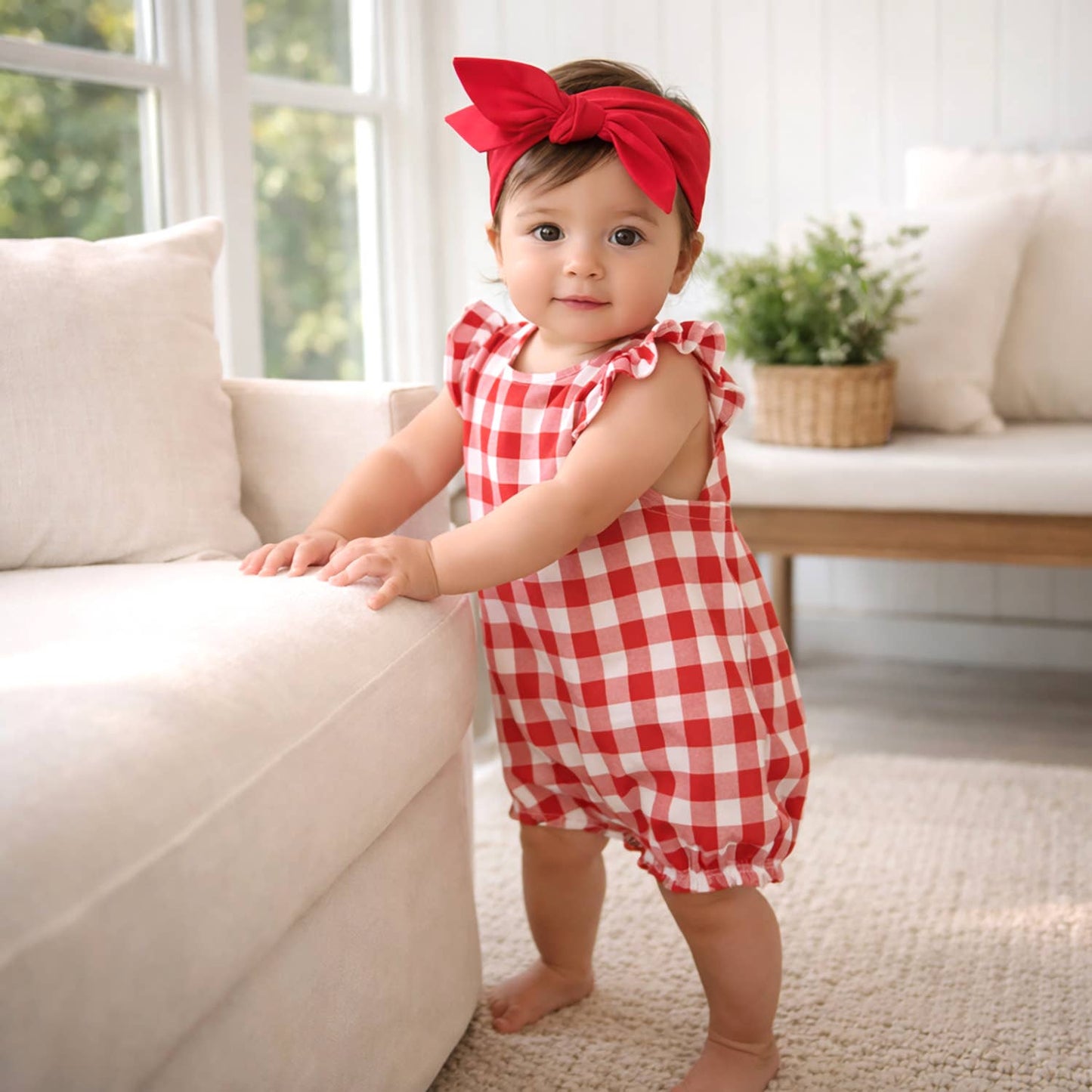 Picnic Plaid Soft Bamboo Bubble Romper for Baby Girls