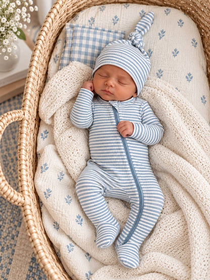 Dusty Blue Stripe / Ribbed 2-Way Zip Footie
