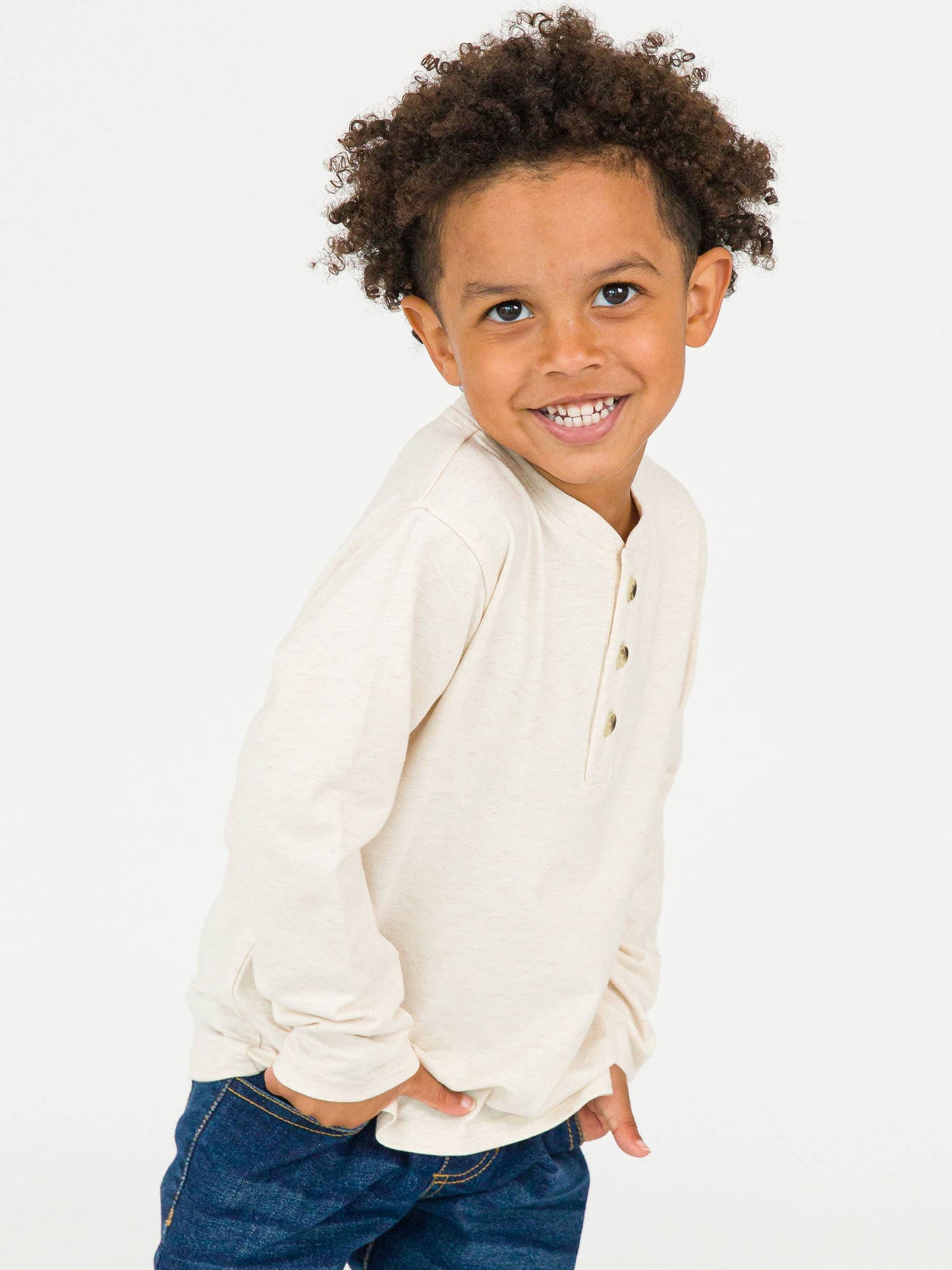 Boys Heather Oatmeal Knit Long Sleeve Henley Tee