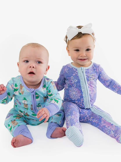 SoftSnooze™ Baby Girls Cotton Modal Shimmer Snowflakes Footed Ruffle One Piece Pajama