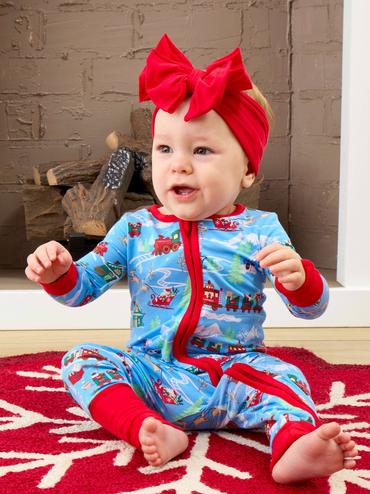SoftSnooze™ Baby Bamboo Viscose Winter Wonderland Christmas Train Express Convertible One Piece Footie Pajama