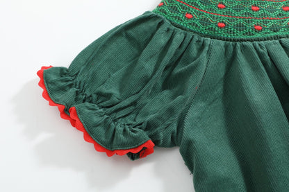 Green Corduroy Smocked Bishop Dress