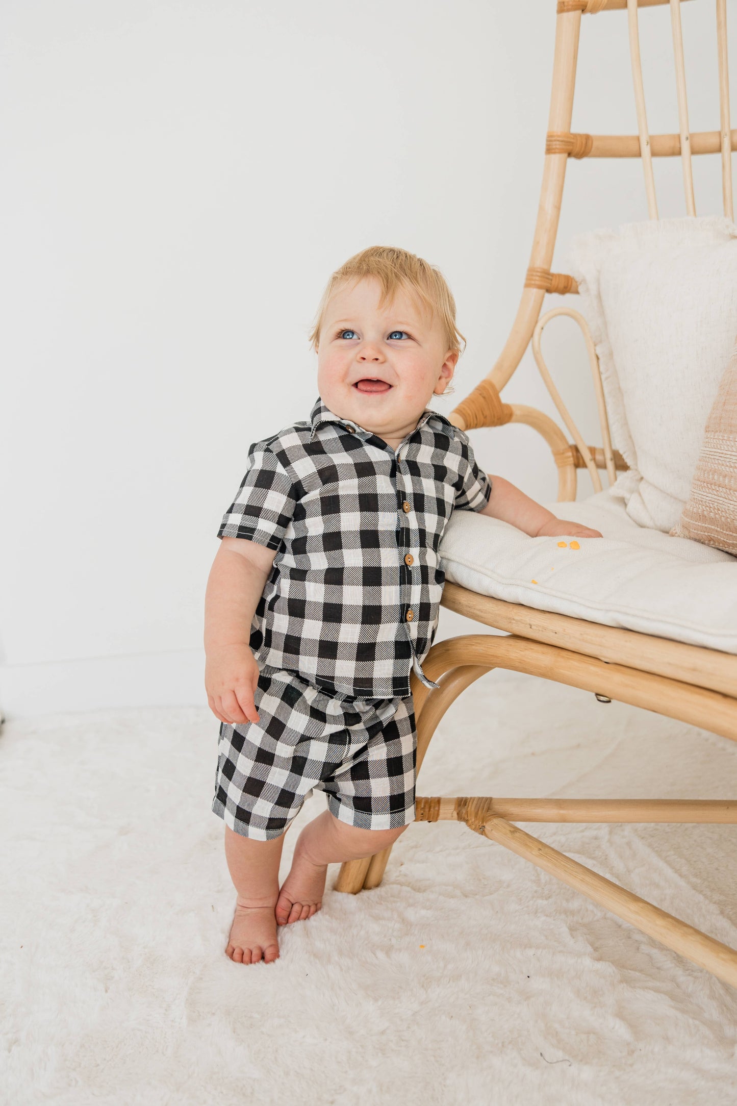 Black Checker Print Shirt & Shorts Set