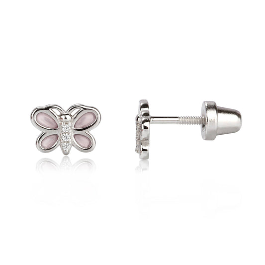 Sterling Silver Girls Screw-Back Pink Butterfly Earrings