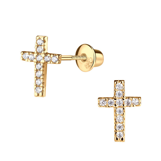 14K Gold-Plated Cross CZ Earrings