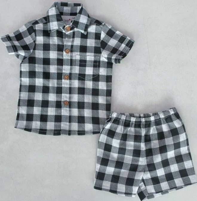 Black Checker Print Shirt & Shorts Set