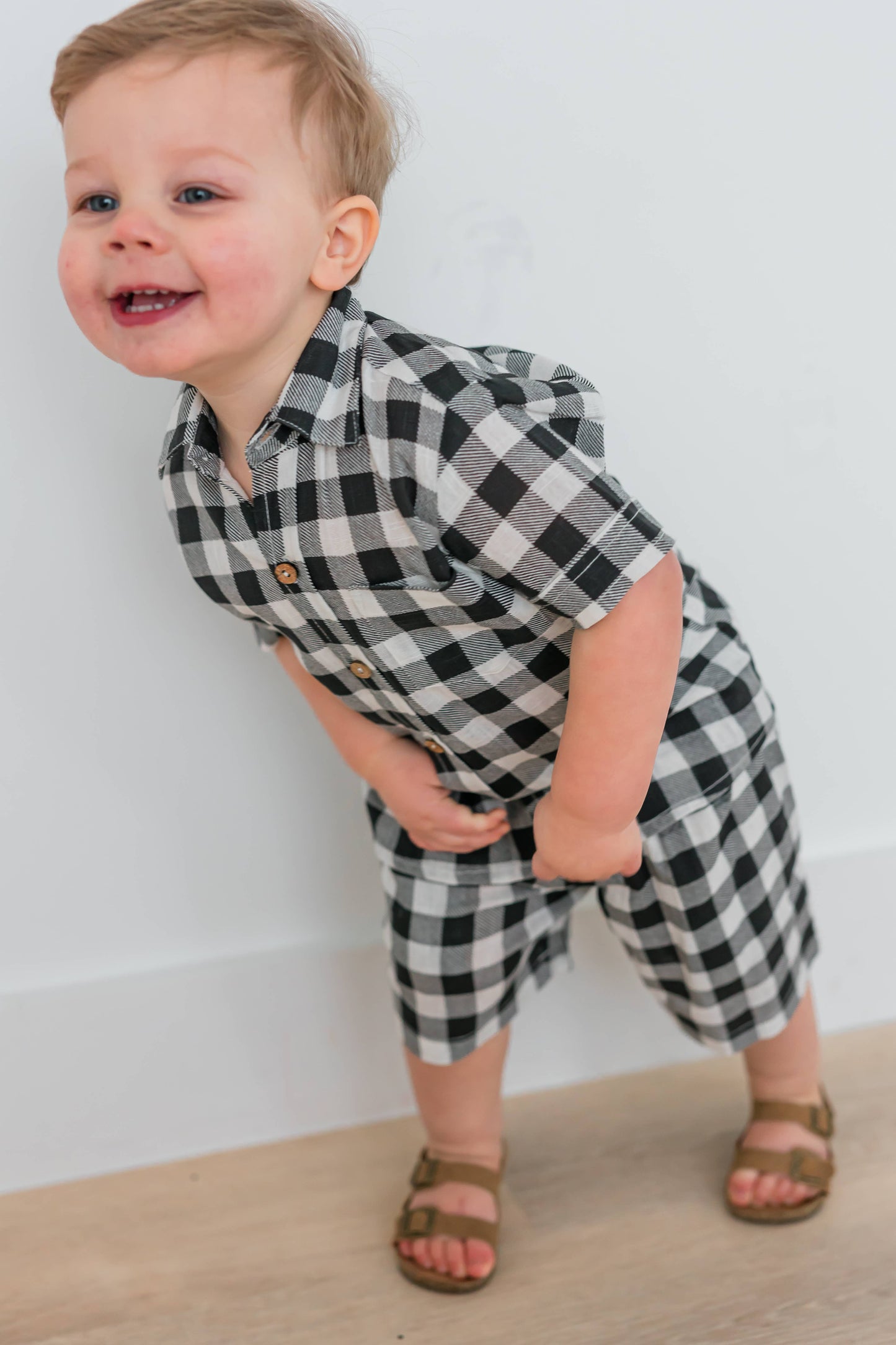 Black Checker Print Shirt & Shorts Set