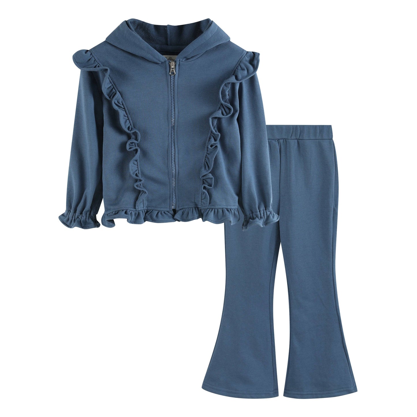 Cobalt Blue Zip Ruffle Hoodie and Flare Pant Set