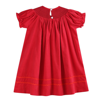 Red Corduroy Mistletoe Smocked Bishop Dress