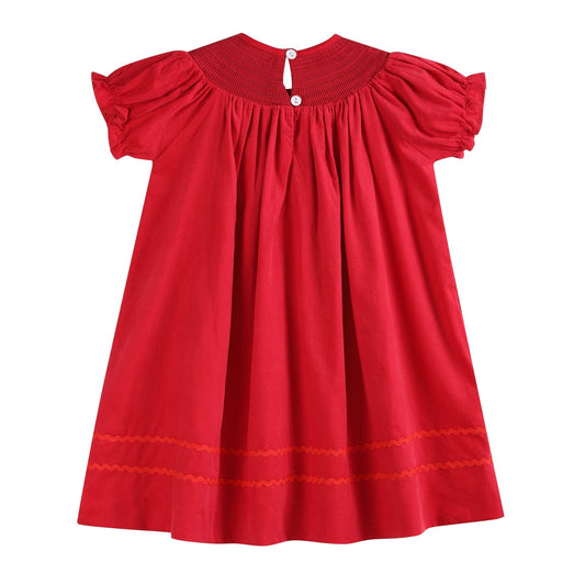 Red Corduroy Mistletoe Smocked Bishop Dress